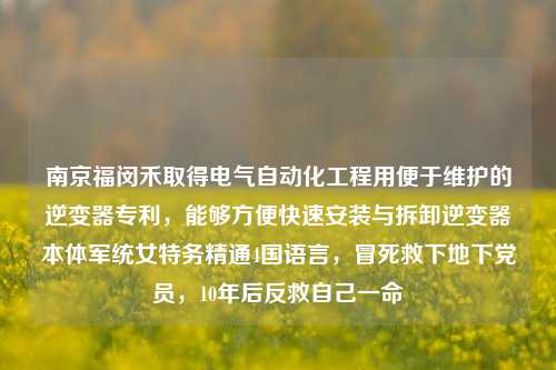 南京福闵禾取得电气自动化工程用便于维护的逆变器专利，能够方便快速安装与拆卸逆变器本体军统女特务精通4国语言，冒死救下地下党员，10年后反救自己一命